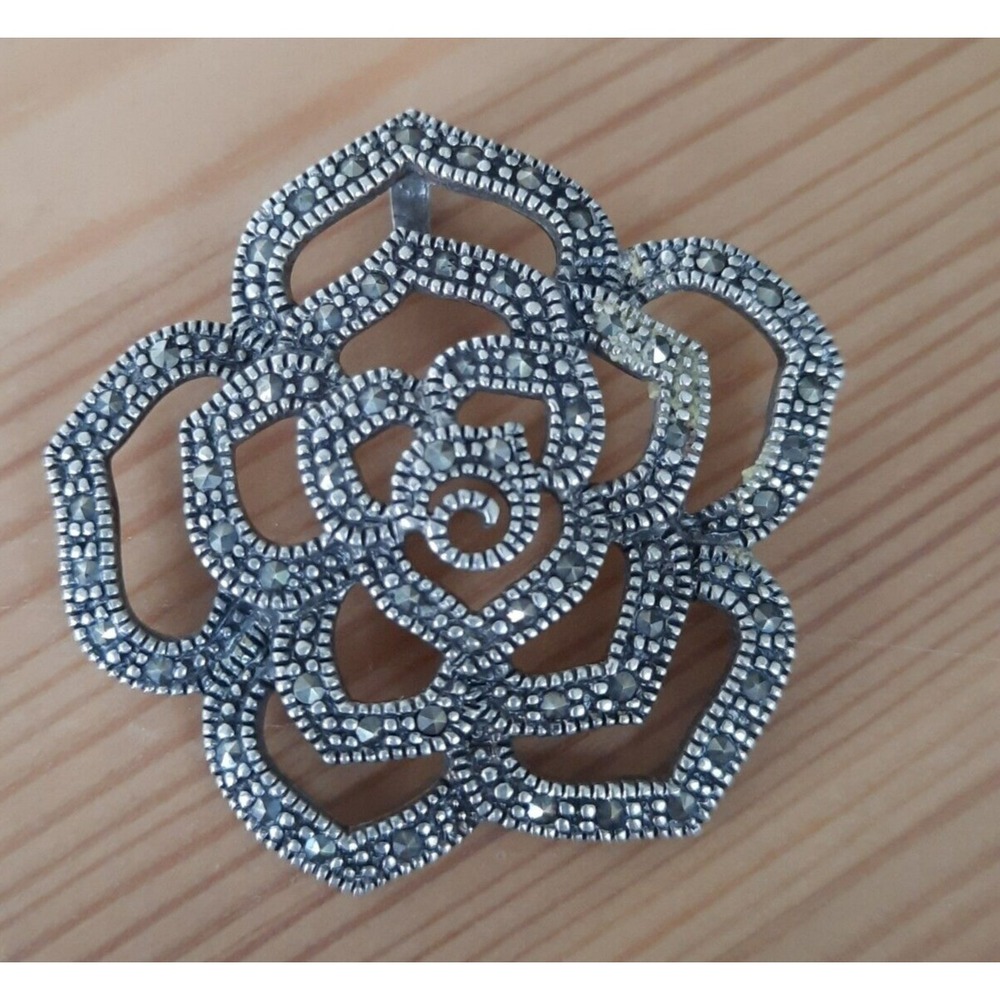 FAS 925 Sterling Silver Marcasite Rose Flower Pendant Vintage Openwork Rose
